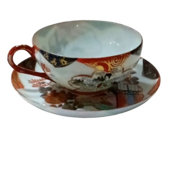 Antique Japanese Kutani Egg Shell Porcelain Hand Painted Cup & Saucer Set - Picture 2 of 9